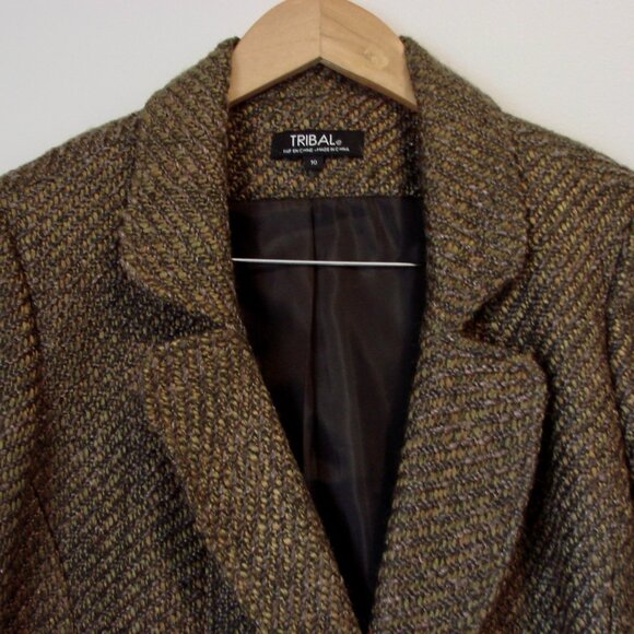 Tribal Wool Blend Brown Tweed Blazer Jacket One Button Pockets Office Size 10 - Picture 2 of 16